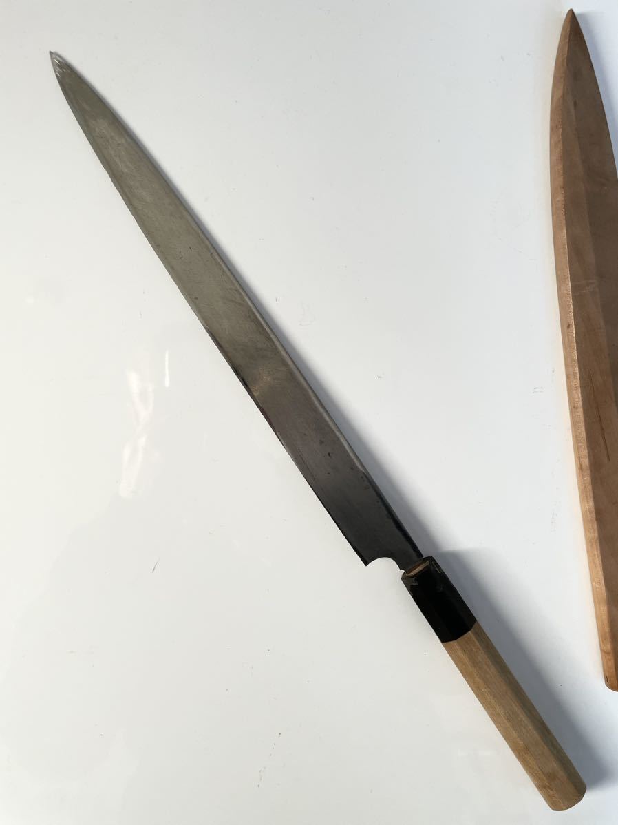 本焼 白一鋼 築地正本 ふぐ引き 九寸 八角柄朴木水牛 良品 鞘付き