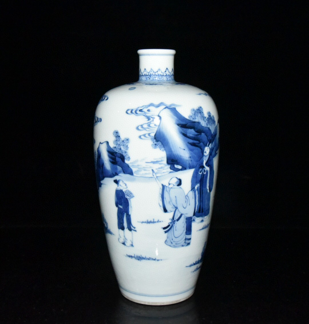 清・康熙年製款・古陶瓷品・青花・人物故事紋・梅瓶』極細工置物古賞物