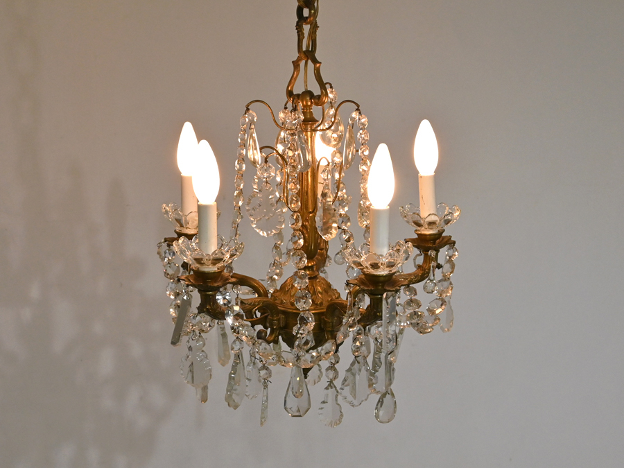  France antique glass × brass chandelier 5 light /ya Magi wa Classic baccarat crystal French o Rene dofoiyu car Be 