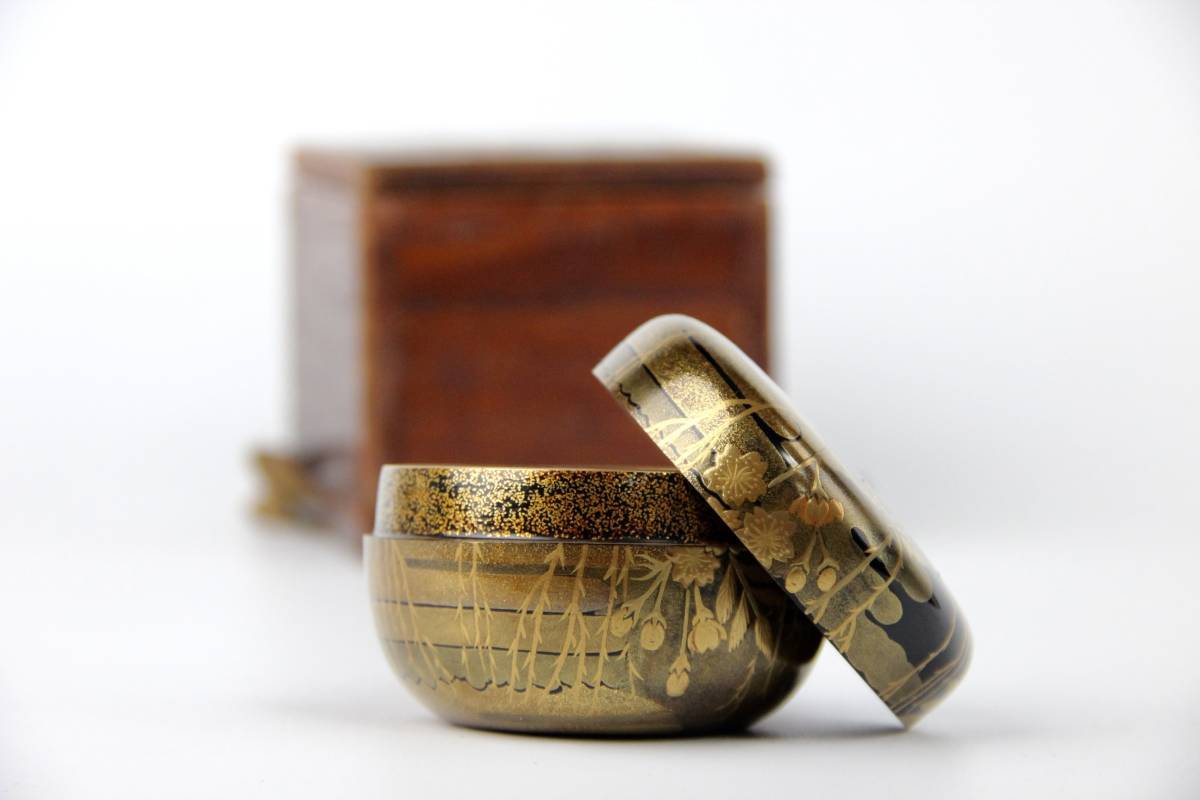 茶道具時代物蒔絵花模様梨地平棗時代箱付2c2-24-棗(茶葉罐)–日本Yahoo