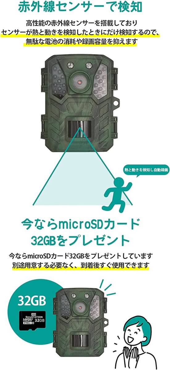 新品　トレイルカメラ 小型 防犯カメラ 夜間赤く光らない 上書き録画 国内取扱品 / サポート完備 電池式 2000万画素 黒 ソーラーパネル対応_画像5