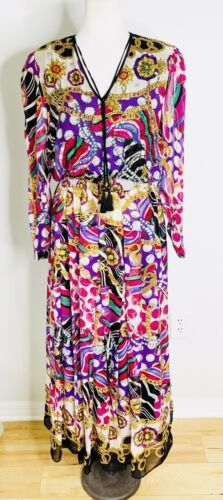Vintage Diane Freis Silk Boho Maxi Beaded Printed Dress 100% Silk Medium 海外 即決