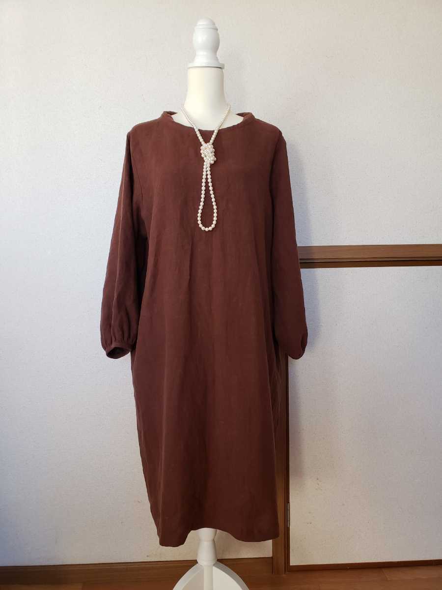 新品 ワンピース 麻 100% ドレス 茶系 結婚式 ハンドメイド
