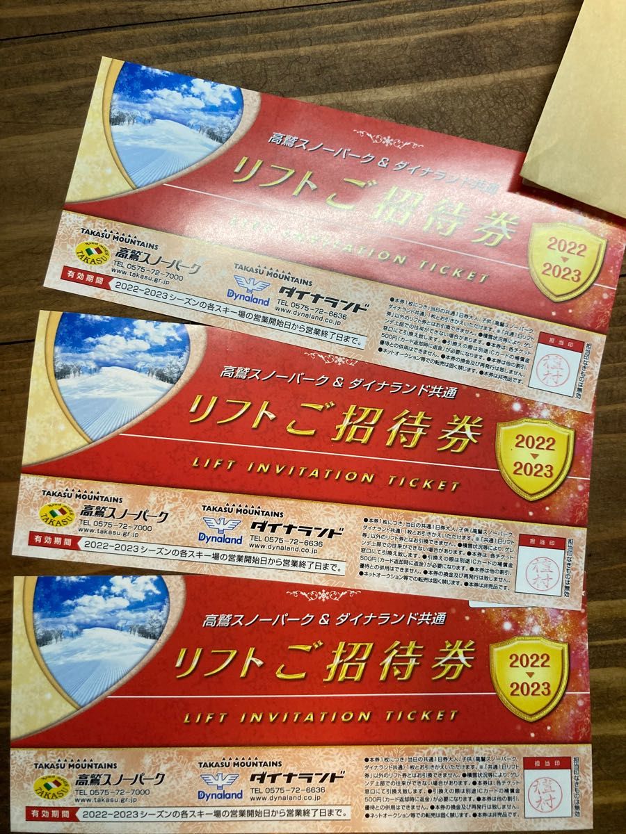 高鷲スノーパーク&ダイナランド 共通1日リフト券 3枚セット チケット