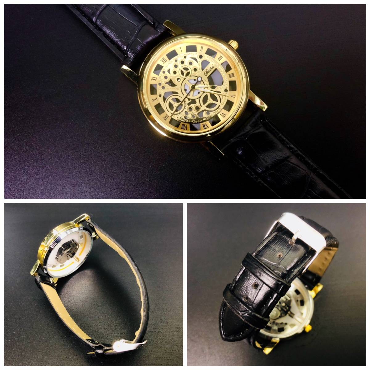 腕時計　メンズ 腕時計 ステンレス レザー　革ベルト ウォッチ ギリシャ文字 アナログ 金フレーム 黒色　ブラック　人気ブランド　_画像3