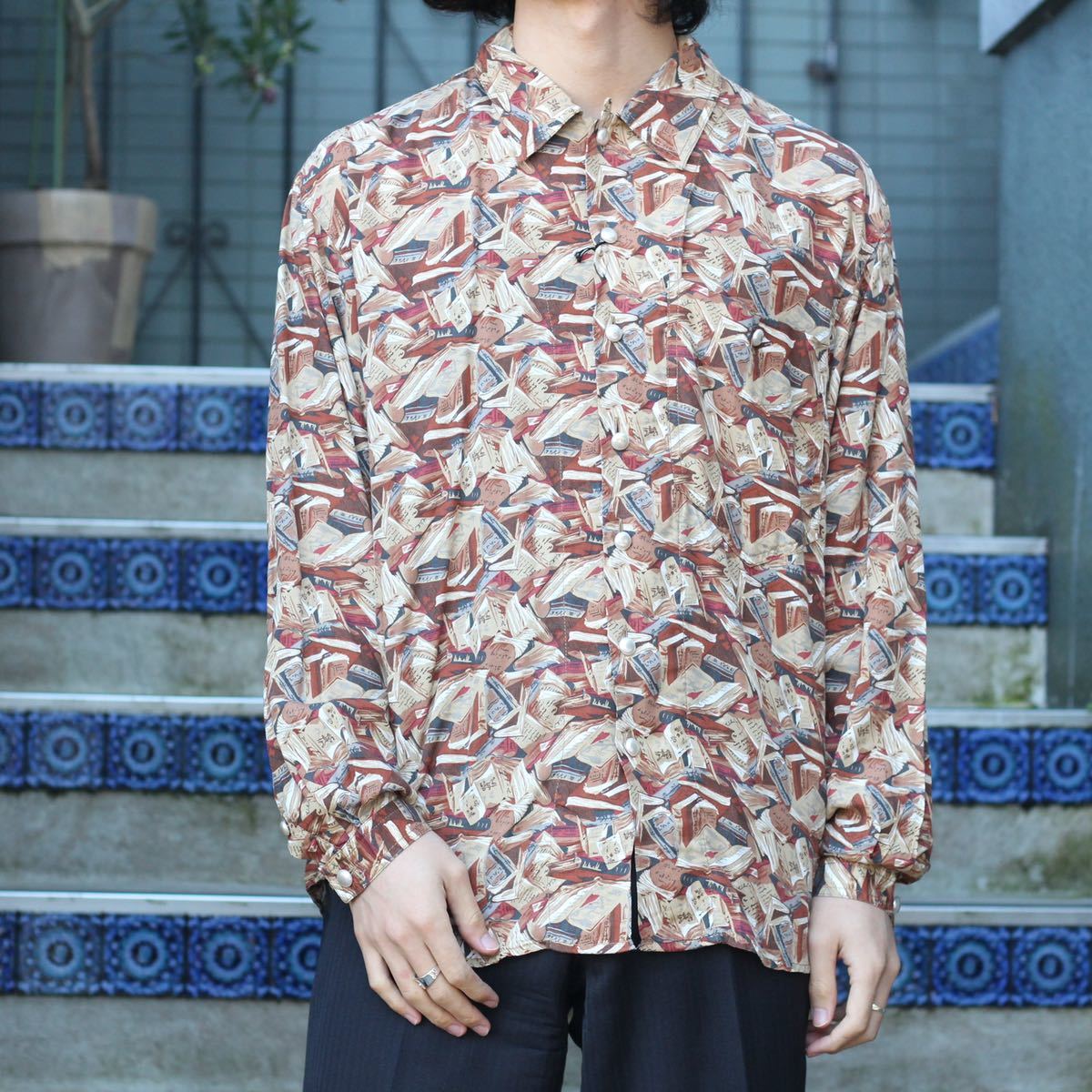 USA VINTAGE Liz wear BOOKS DESIGN RAYON SHIRT/アメリカ古着本