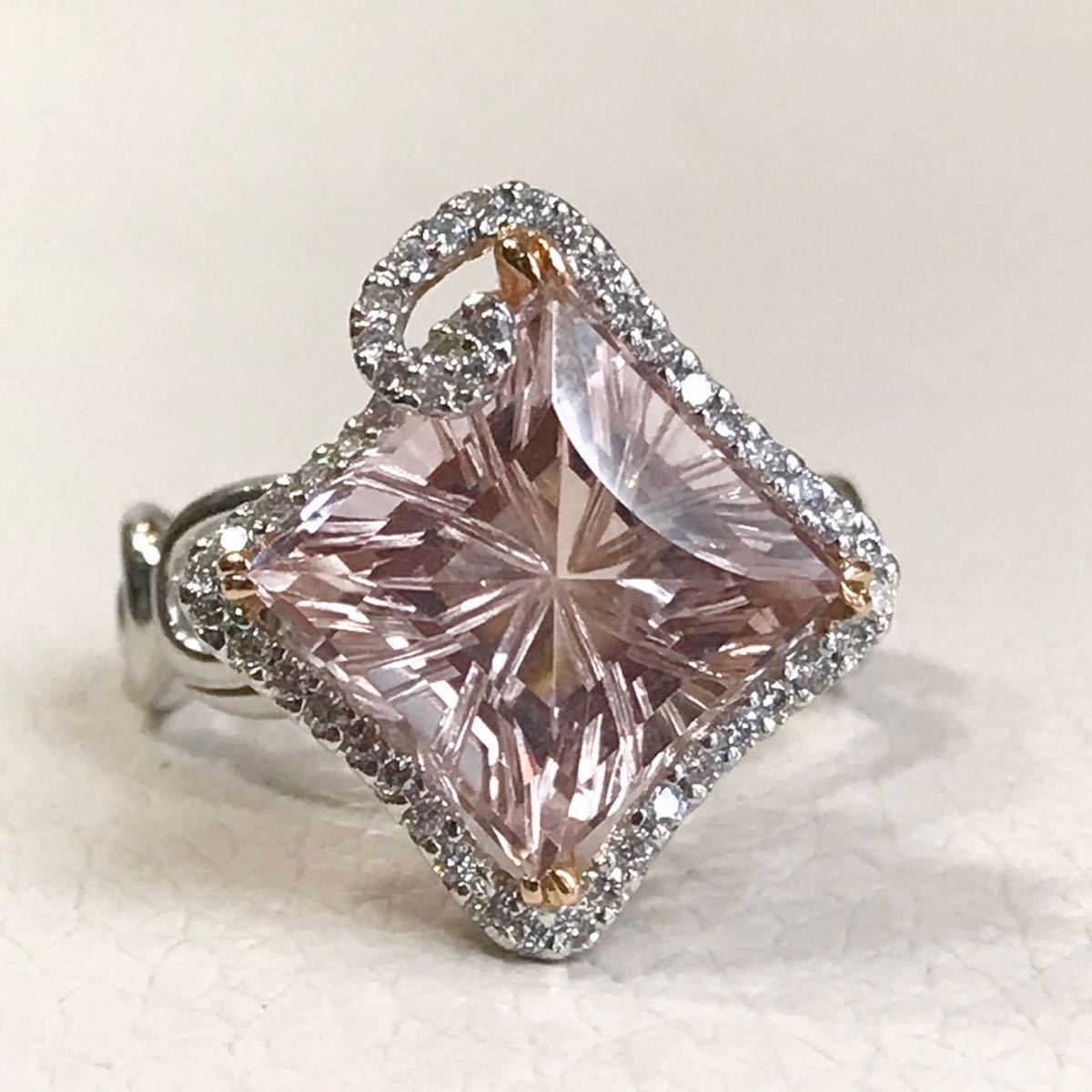 【極美品】希少 プリンセスカット 天然ベリル 大粒 7.110ct モルガナイト ダイヤモンド K18WG D0.33ct リング 指輪 13号 中央宝石鑑定付 ☆