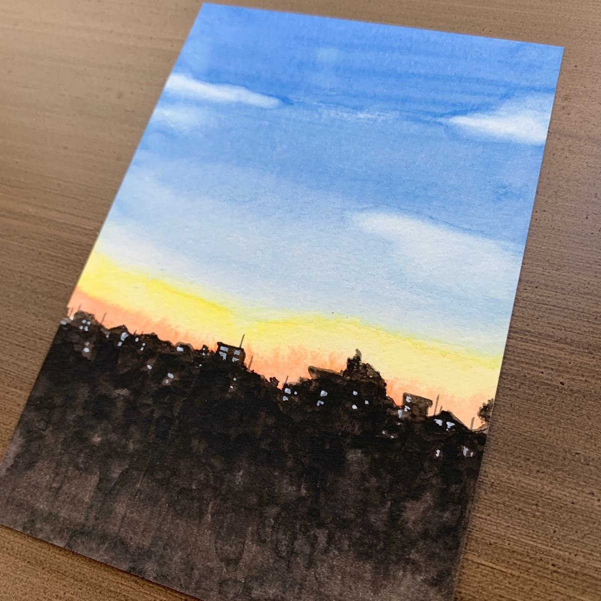 夕焼け　風景画　水彩画