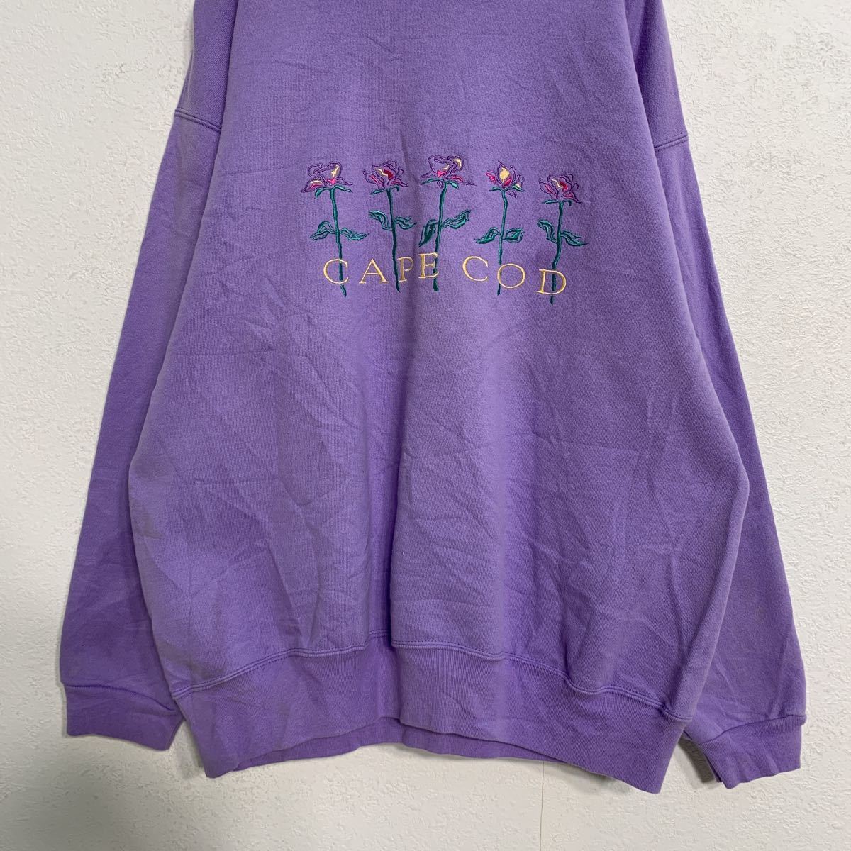 CUFFY\'S тренировочный футболка wi мужской L лиловый цветок вышивка retro обратная сторона ворсистый б/у одежда . America запас a408-5583