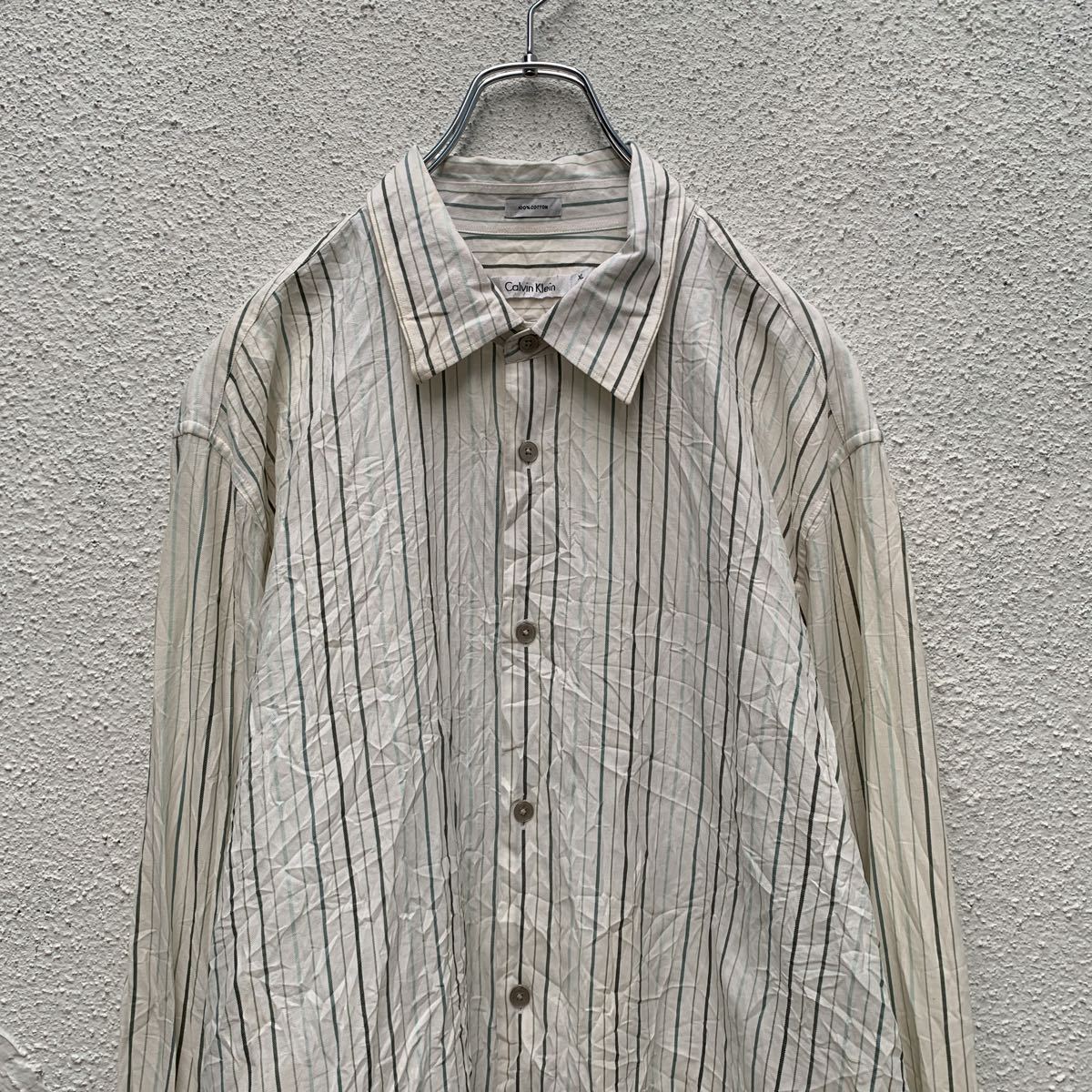 Calvin Klein long sleeve stripe shirt XL white green Calvin Klein big size old clothes . America stock a408-6094