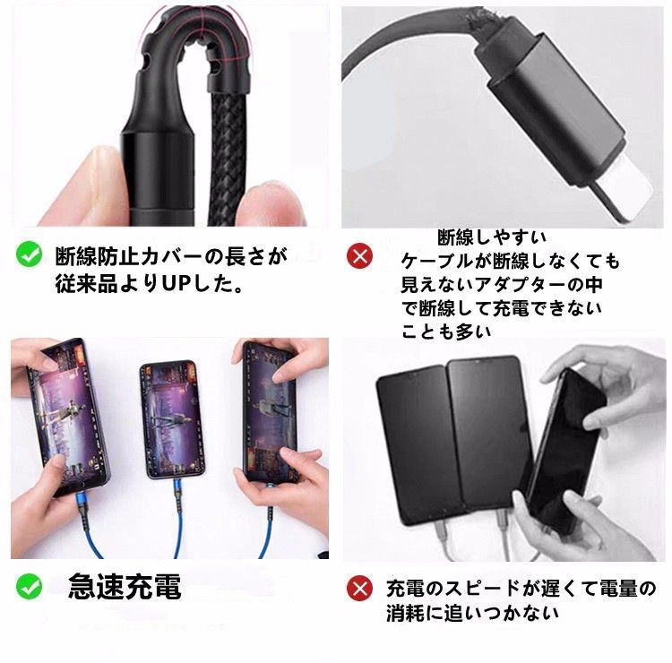 一本三役 急速充電対応　Type-C Micro-USB ケーブル アイフォンケーブル スマホ充電ケーブル ライトニングケーブル 