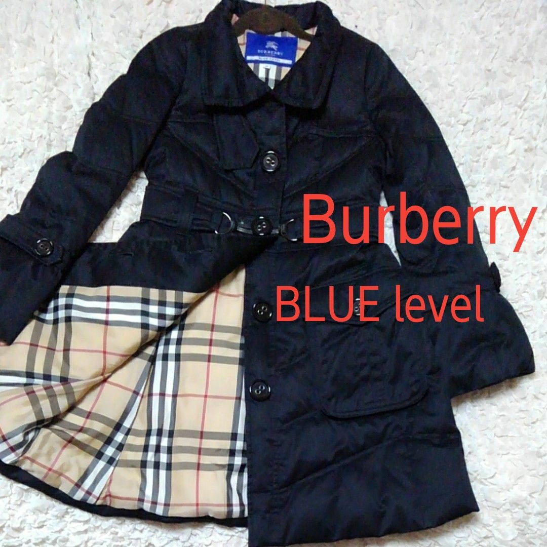 週末特価【極美品】Burberryバーバリーブルーレーベルレディース肉厚高級ダウンロングコートアウターネイビーブラック