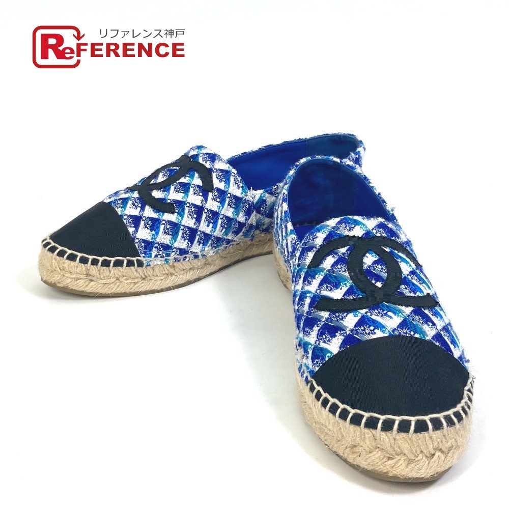 CHANEL Chanel G29762 CC here Mark espadrille shoes check tweed sandals blue lady's [ used ] beautiful goods 