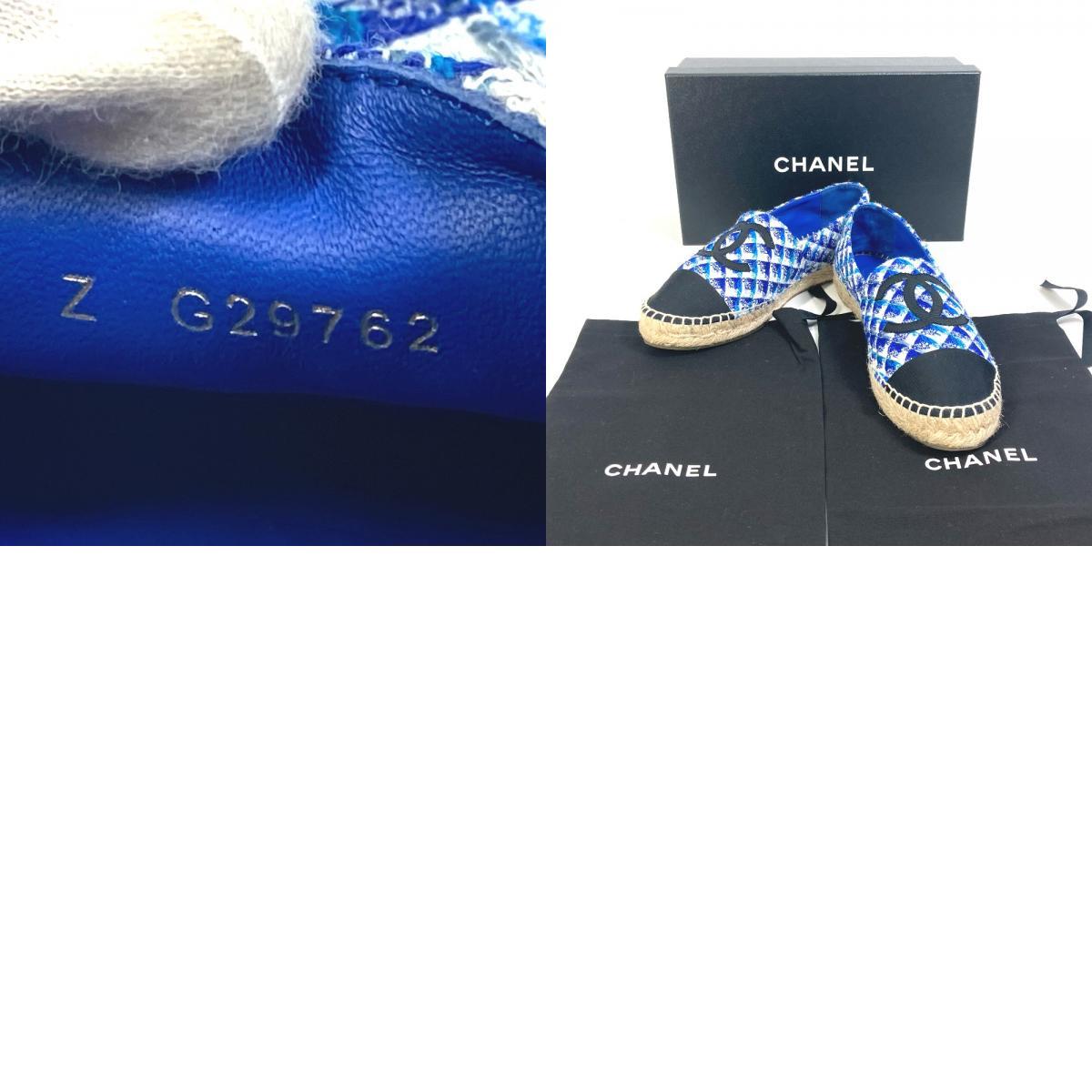 CHANEL Chanel G29762 CC here Mark espadrille shoes check tweed sandals blue lady's [ used ] beautiful goods 