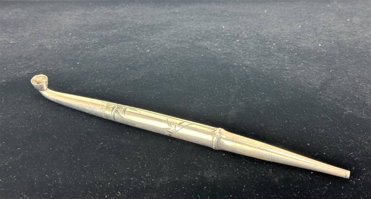 E105☆金象嵌【竹】銀煙管 時代物 銀製品 金工 銀器 骨董 キセル 喫煙