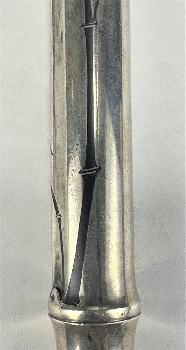 E105☆金象嵌【竹】銀煙管 時代物 銀製品 金工 銀器 骨董 キセル 喫煙