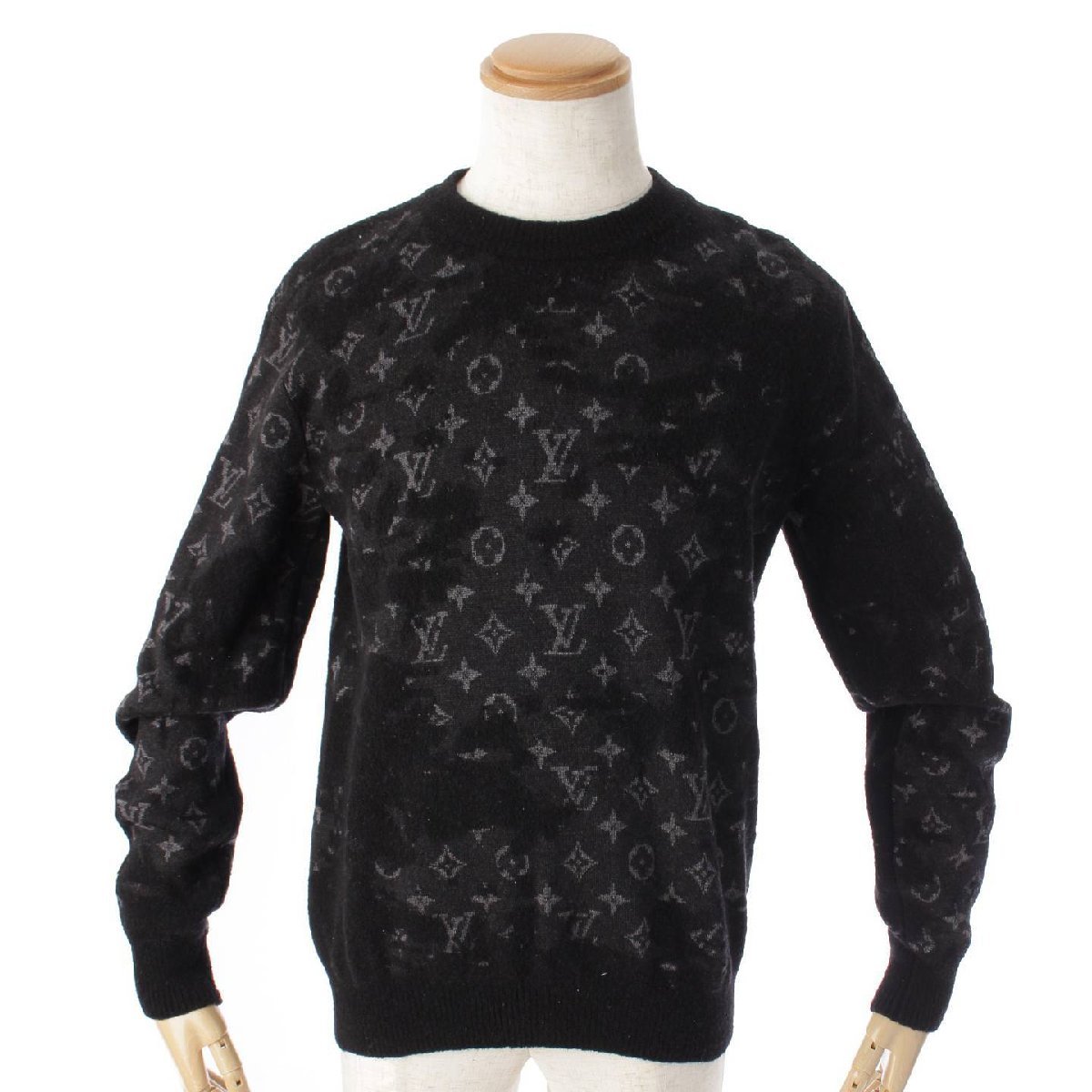 【ルイヴィトン】Louis Vuitton メンズ ディストレスト モノグラム クルーネック 長袖 ニット セーター ブラック S 173398