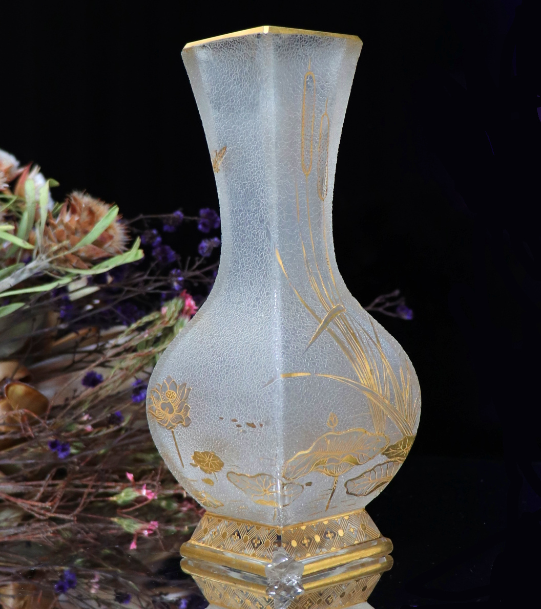 オールド・バカラ 1878年 金彩花柄花瓶 壺 アンティーク レア型-