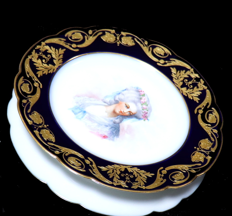  античный * соболь большой 18 век золотая краска пик вверх украшение тарелка Ran bar .. Marie * Louis -z plate рука ... изображение . синий голубой Meissen редкость 