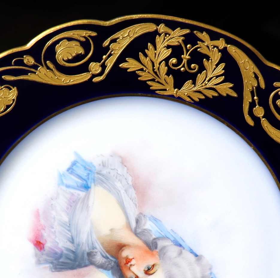  античный * соболь большой 18 век золотая краска пик вверх украшение тарелка Ran bar .. Marie * Louis -z plate рука ... изображение . синий голубой Meissen редкость 