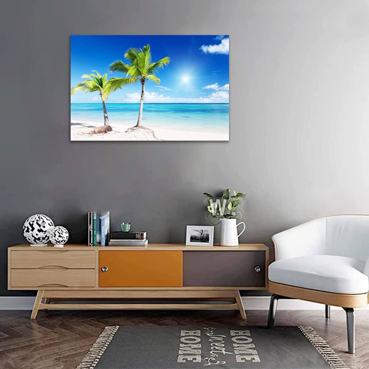  blue sea art panel nature scenery tree frame art picture installation easiness light weight Inte rear living part shop decoration cocos nucifera. tree 