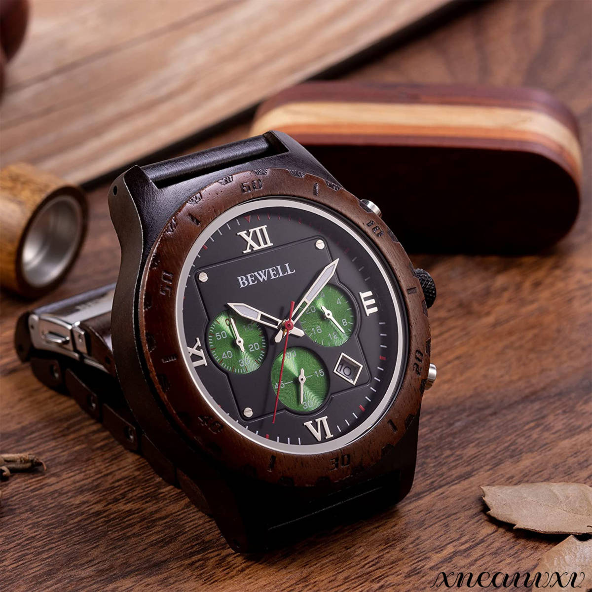 オシャレな 木製腕時計 グリーン クロノグラフ クオーツ メンズ 軽量 ウッド モダン おしゃれ ローマ数字 アナログ 茶色 ウォッチ