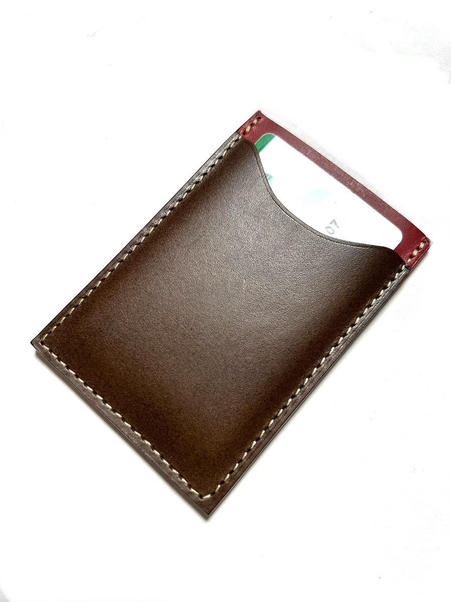 カードケース　イタリアンレザー最高級皮革　ブッテーロ　日本製　本革　ヌメ革　新品　未使用　送料無料　レッド×ブラウン
