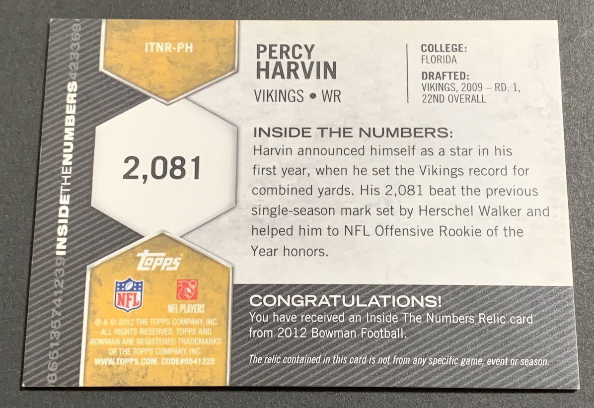 2012 Bowman Football Percy Harvin Jersey INTR-PH Vikings NFL ジャージ　カード_画像2