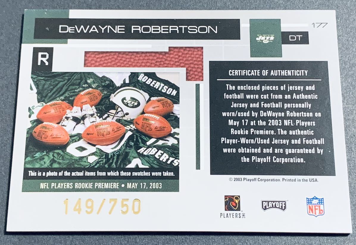 2003 Playoff Absolute Memorabilia Dewayne Robertson jersey /750 177 RC Rookie Jets NFL ジャージ　ルーキー　750枚限定　カード_画像2