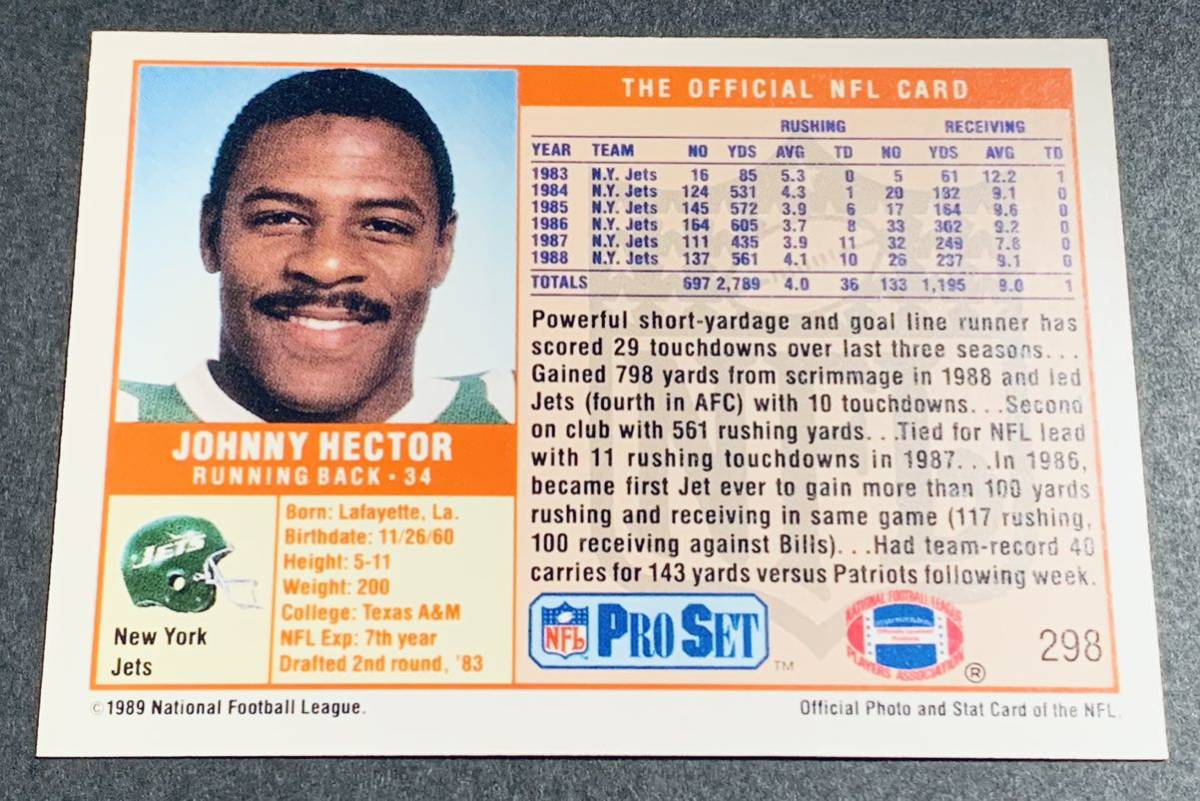 1989 Pro Set Johnny Hector 298 New York Jets NFL ジェッツ　ヴィンテージ　カード_画像2