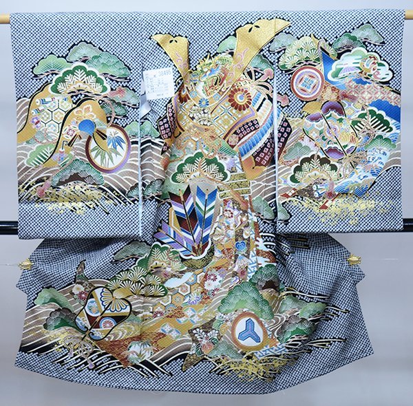 お宮参り産着 のしめ 男児 正絹 豪華絢爛 手染め 金刺繍 黒色 祝着 兜