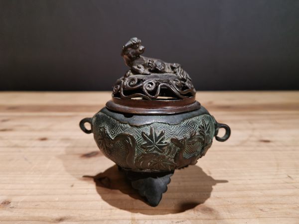 【秀】r71kf96r　銅地 獅子摘 香炉　・香道具・　検索) 香木　伽羅　沈香　中国美術　古玩