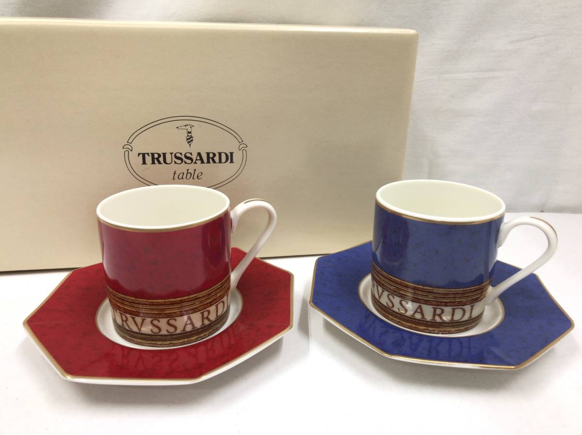 TRUSSARDI table トラサルディ カップ&ソーサー 2客セット レッド ブルー コーヒーカップ 230213_画像1
