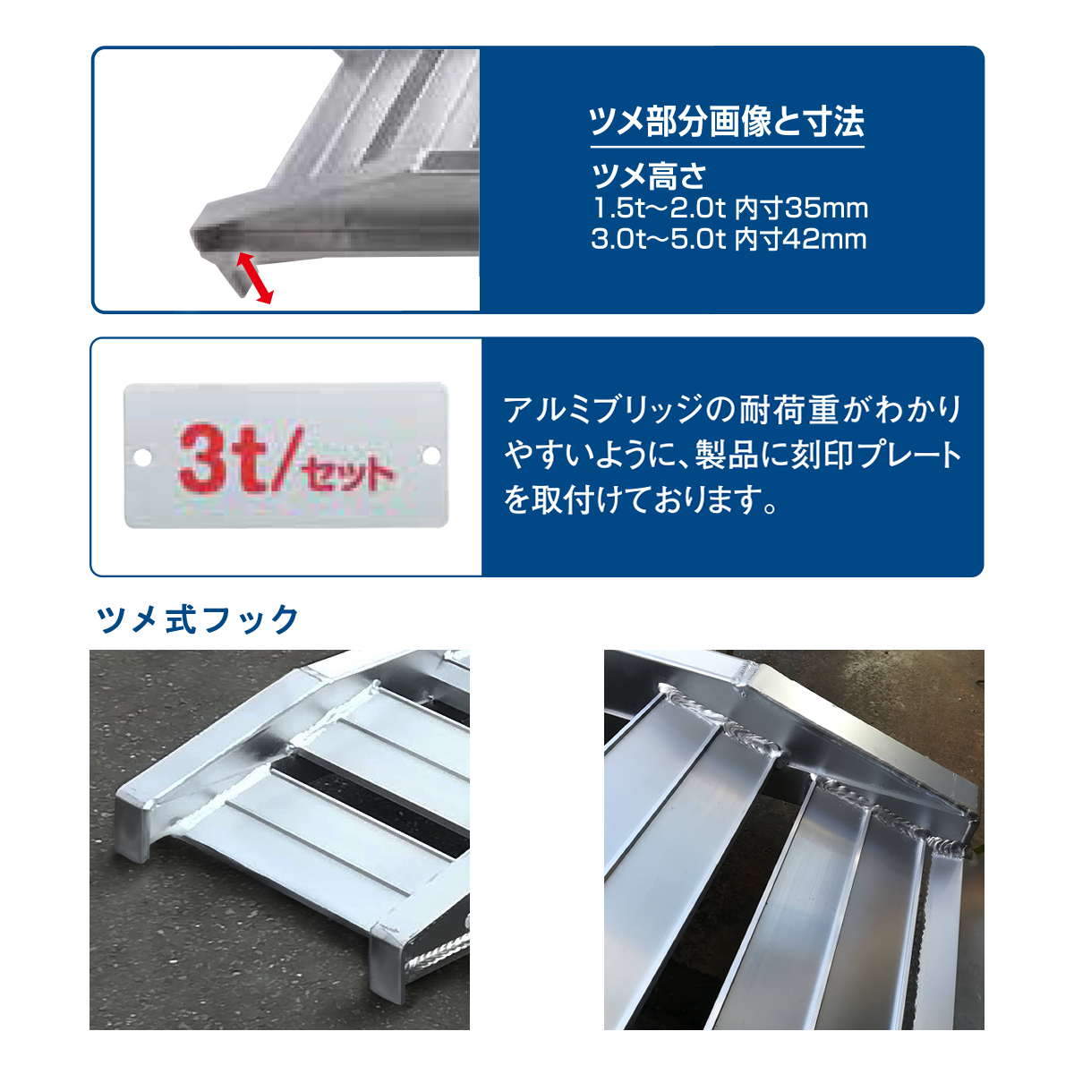 [建機用]3.5トン(3.5t) ツメ式 全長2700/有効幅400(mm)【GP-270-40-3.5T】昭和アルミブリッジ 2本 組_画像2