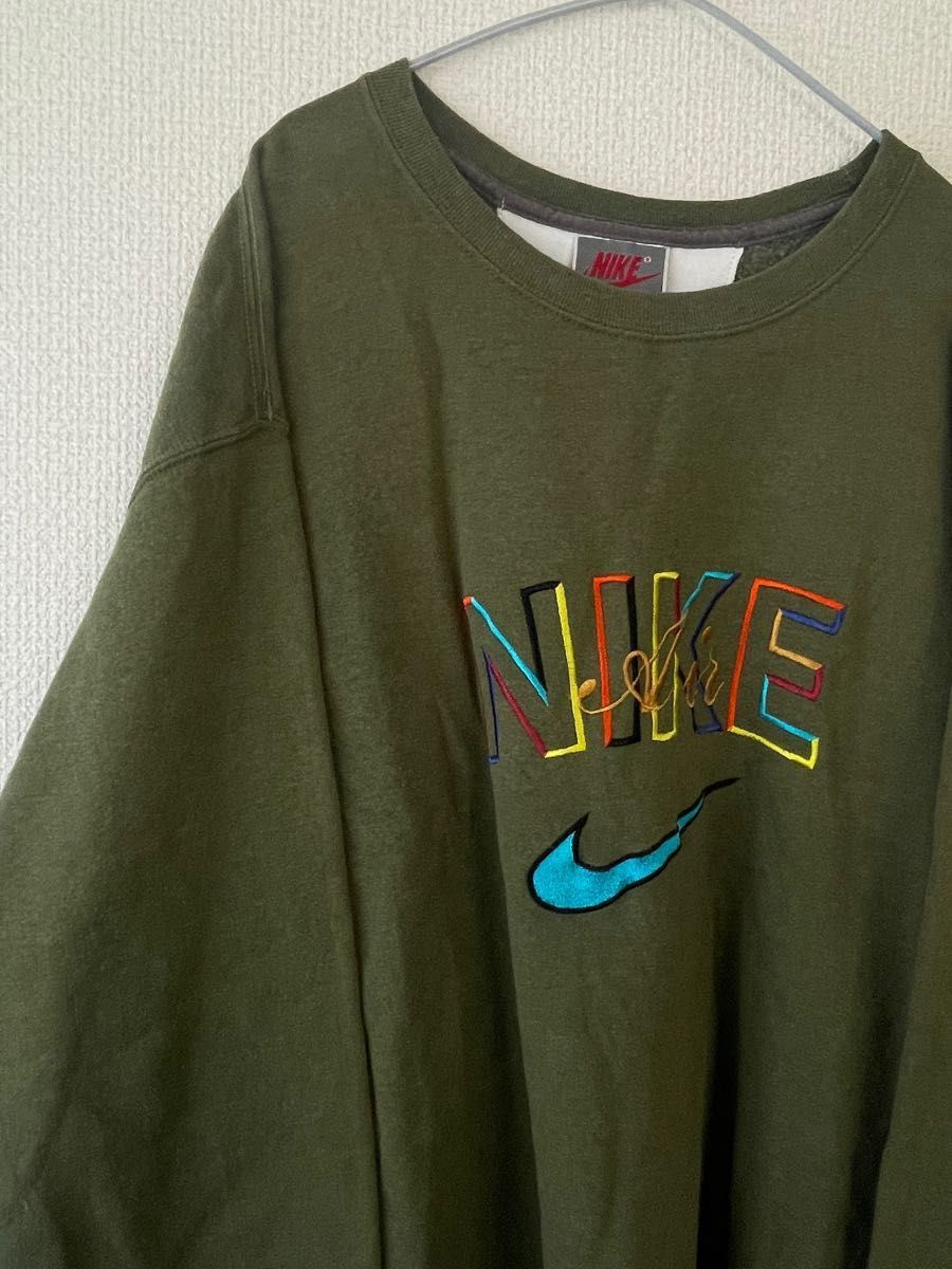 NIKE AIR 90s トレーナー　スウェット　ビッグロゴ刺繍　緑　グリーン　スウッシュロゴ刺繍　グレータグ　80s 水色