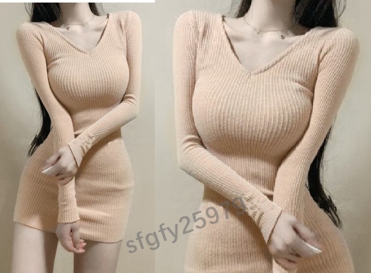 E068* sexy *ero..? precisely body line? simple *... material *V neck * rib material * tight One-piece * beige * elasticity equipped 2