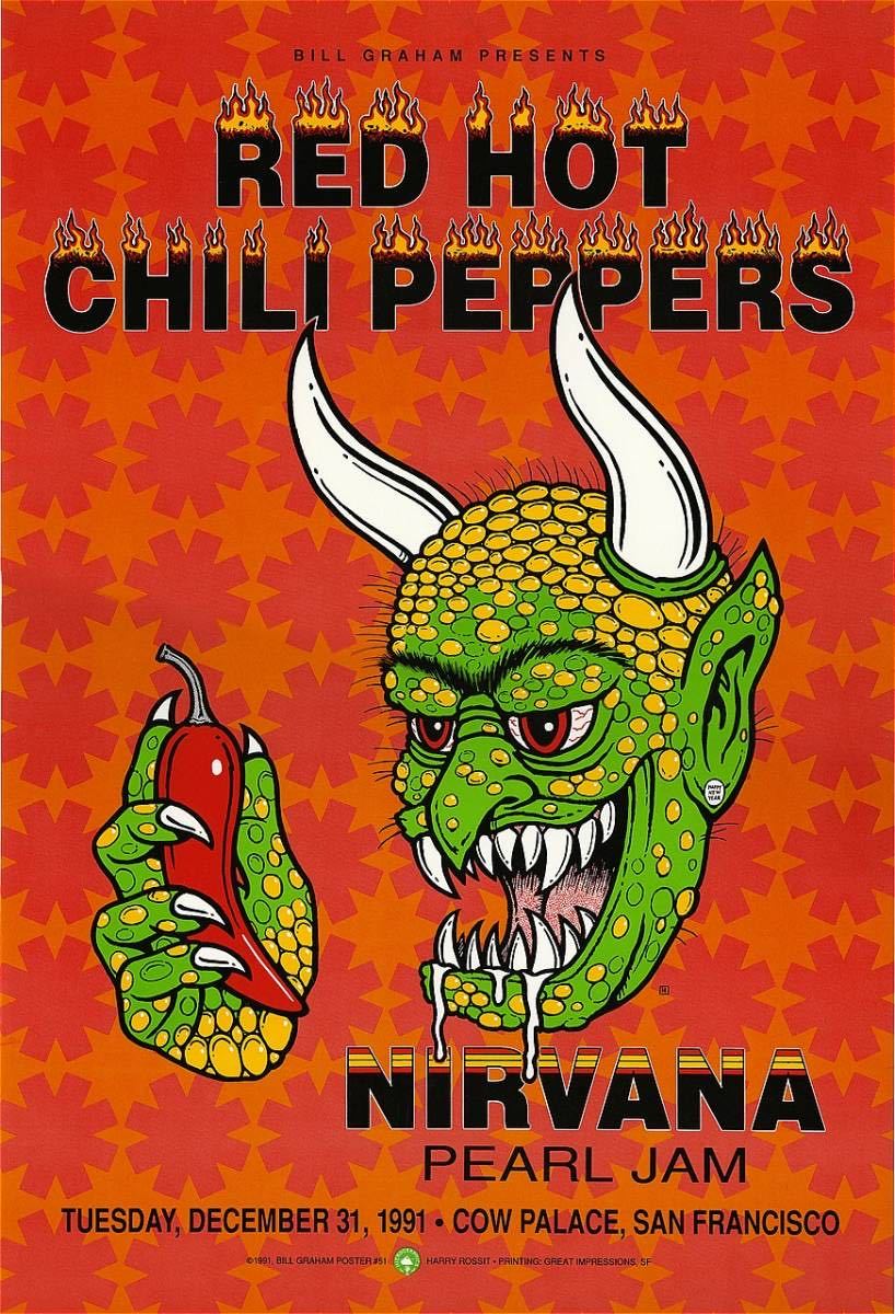  постер * красный * hot * Chile * перец z,niru горелка, жемчуг * джем 1991*Red Hot Chili Peppers/re Chile /Nirvana/Pearl Jam