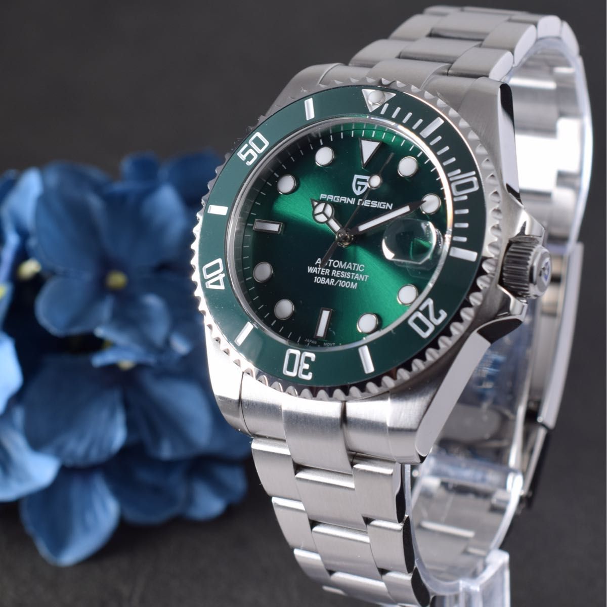 メンズ 腕時計 グリーンサブ 機械式 自動巻 緑サブ 男 時計 回転ベゼル