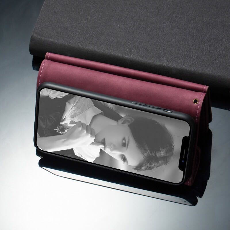 iPhone 13 mini レザーケース アイフォン13 ミニ　ショルダーケース 手帳型 カード収納　ストラップ付き　wine