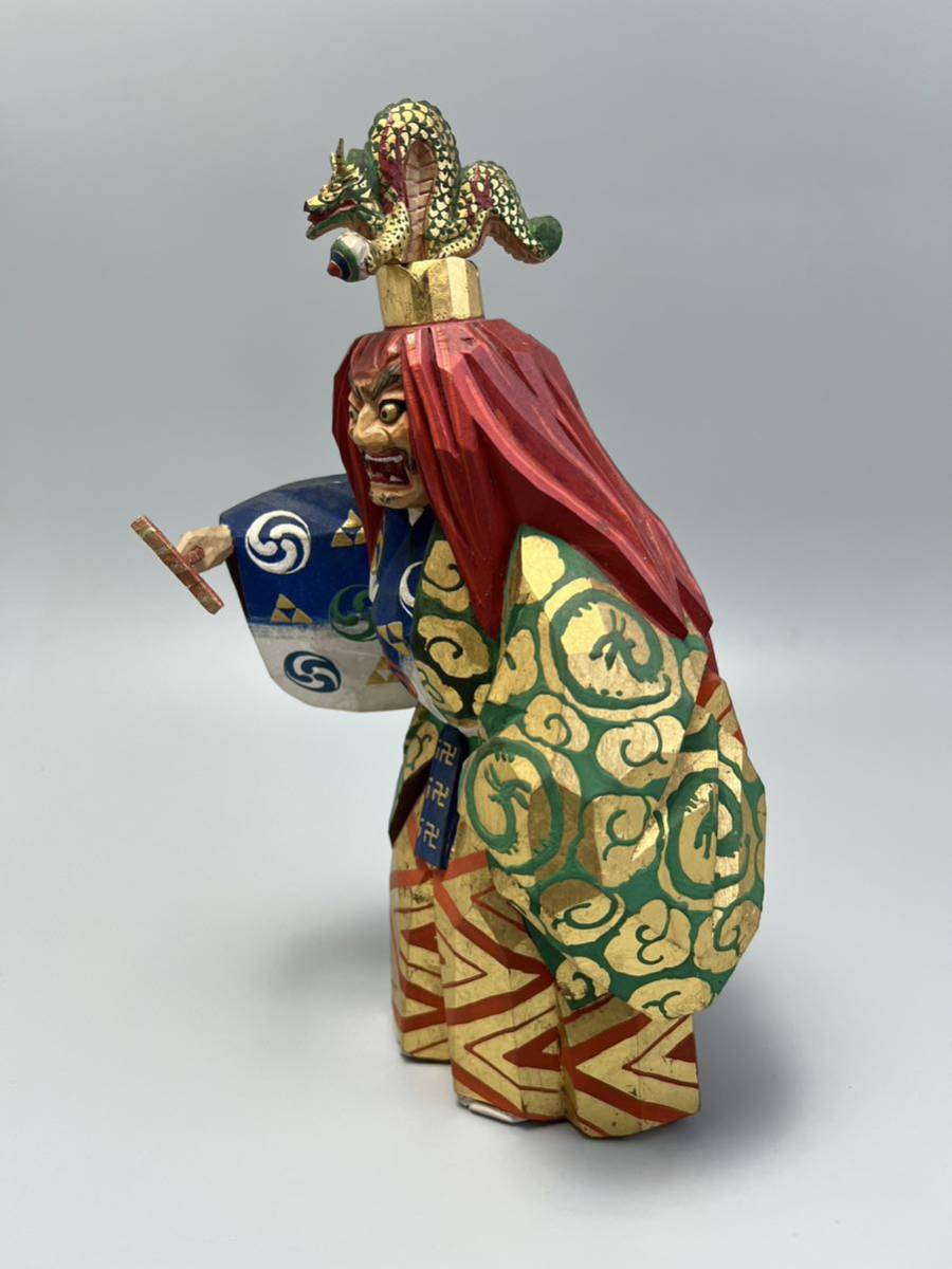 奈良一刀彫 春日有職一家作 彩色老松人形 共箱 木彫 彫刻 オブジェ
