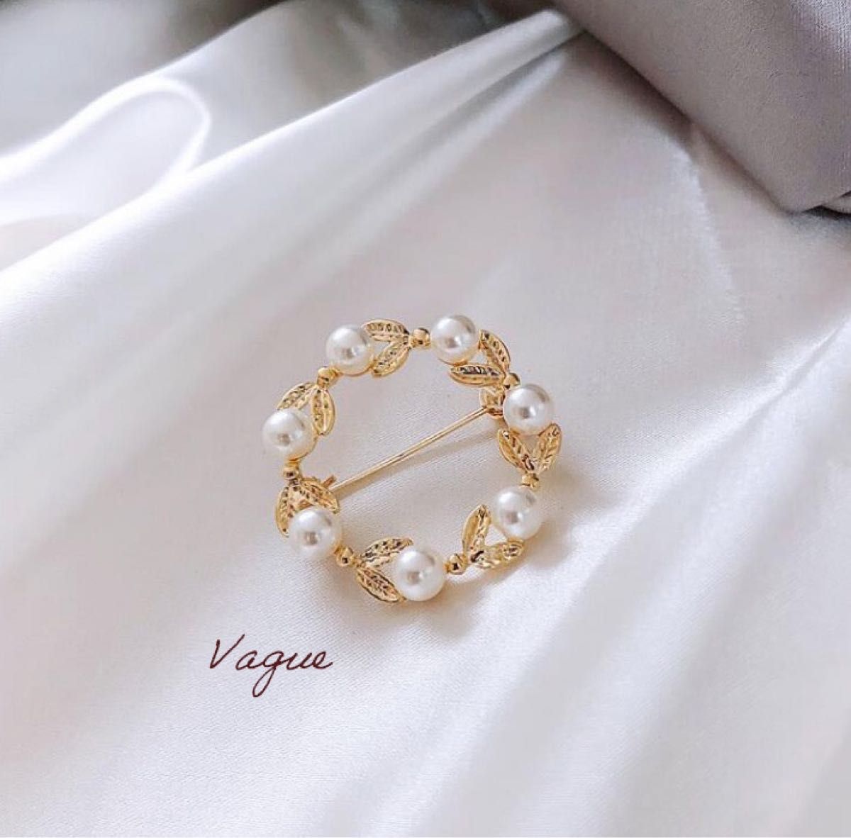 【美品】サークルパールブローチ リーフモチーフ 約3cm 上品 リング