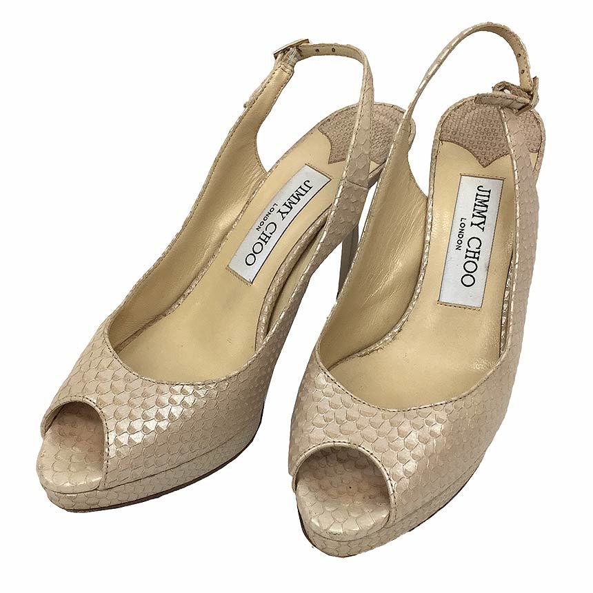 JIMMY CHOO ジミーチュウ パイソン オープントゥパンプス レディース レザー サイズ35 美品 中古 aq6545_画像1