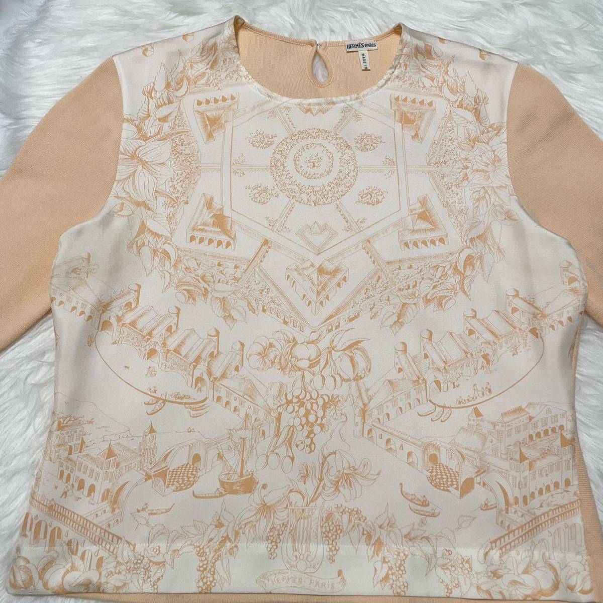 本物 エルメス シルク切替 フラワー アートデザイン 半袖 ニット