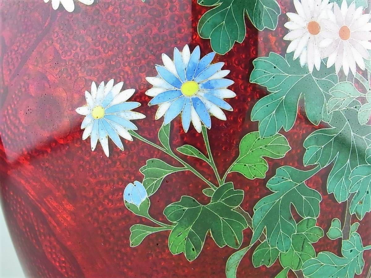 有線七宝花瓶 銀線菊図 銀張梅雀図 六面取り 飾り花器 花瓶 検索 明治