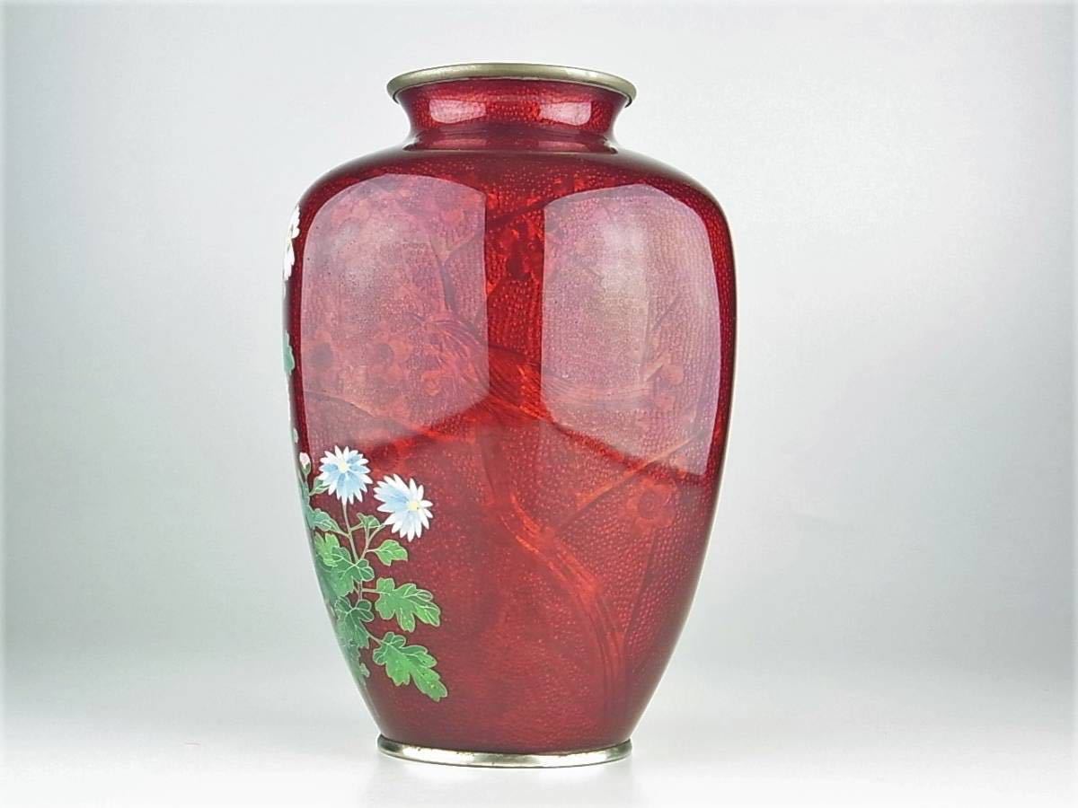 日本製 有線七宝花瓶 銀線菊図 銀張梅雀図 希少六面取り 飾り花器 花瓶 検索 安藤七宝
