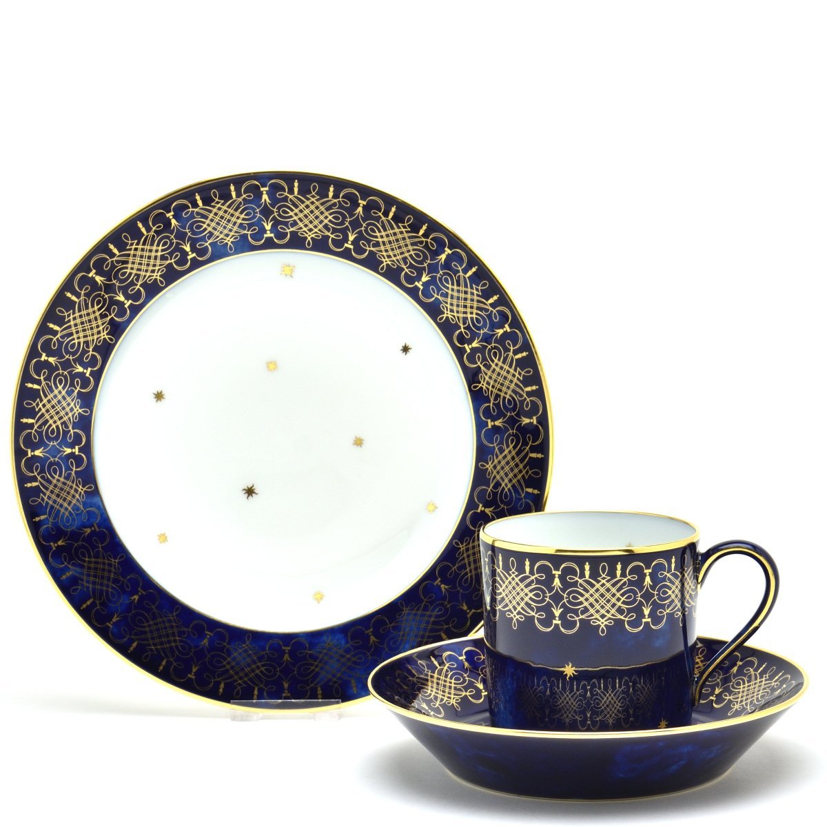 セーブル(Sevres) コーヒーカップ＆ソーサー＋デザート皿Set リトロン セーブルブルー雲模様 24K金彩装飾(SUBES 94.41)