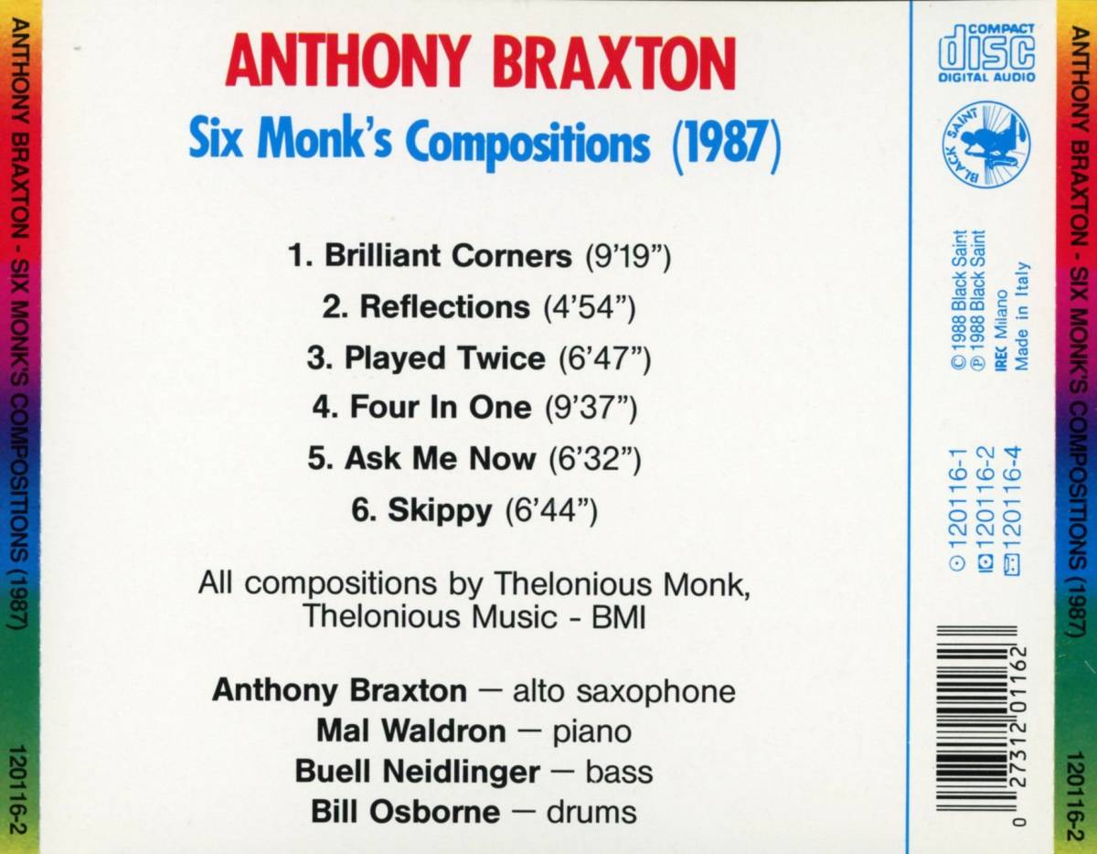 Anthony Braxton - Six Monk Compositions (1987) ; Mal Waldron, Buell Neidlinger, Bill Osborne, Thelonious Monk_画像2