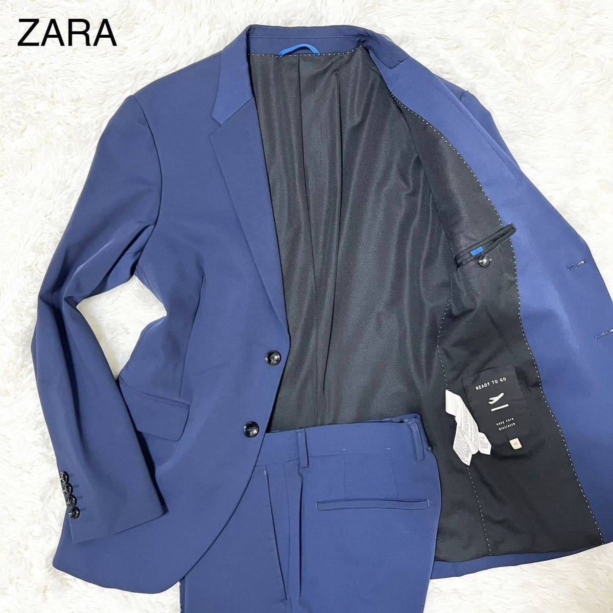 【極上のイージーケア 美品】ZARA ザラ スーツ セットアップ M テーラードジャケット ストレッチ ビジネス 通勤 仕事 メンズ 紺 ネイビー