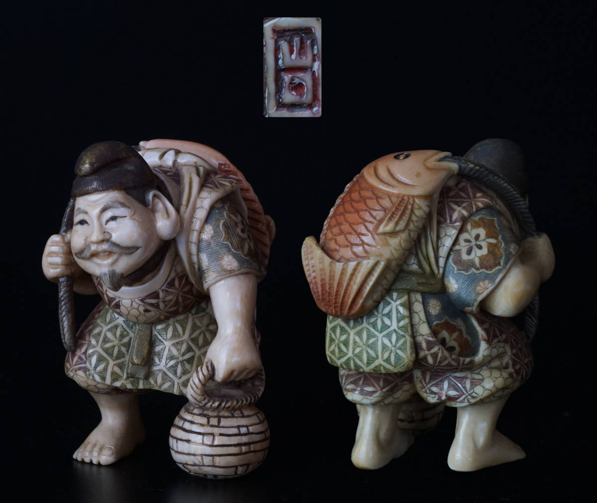 象牙風 マンモス牙 山口 銘 七福神 恵比寿 縁起物 置物 東洋彫刻 154g