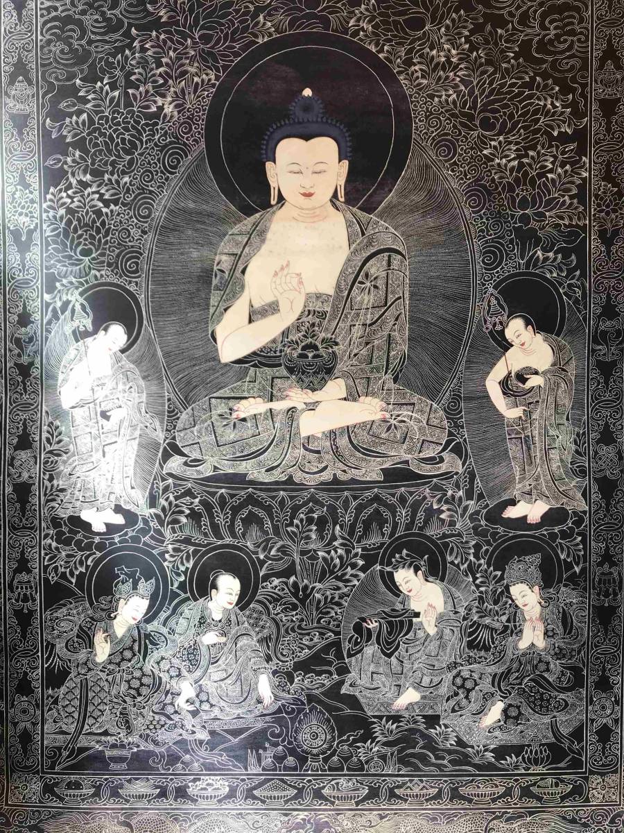 卍仏教美術　【釈迦如来　三尊　細密画　】仏画　８８cm　　　　　　検索：　菩薩　仏像　西蔵密教　曼荼羅　阿弥陀　③